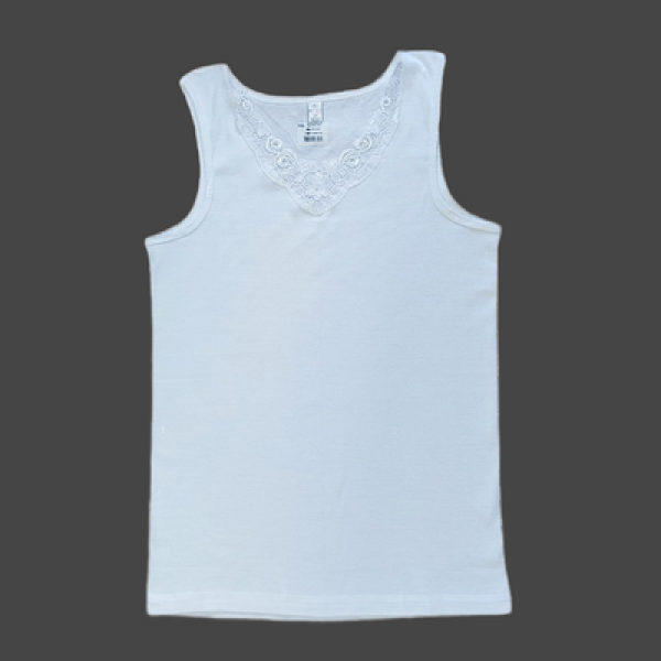 Дамски памучен потник с широка презрамка и брюкселска дантела Били